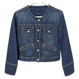 GAP Denim Jacket Womens S Blue Pre-owned Collarless Stretch Button Front Pocket